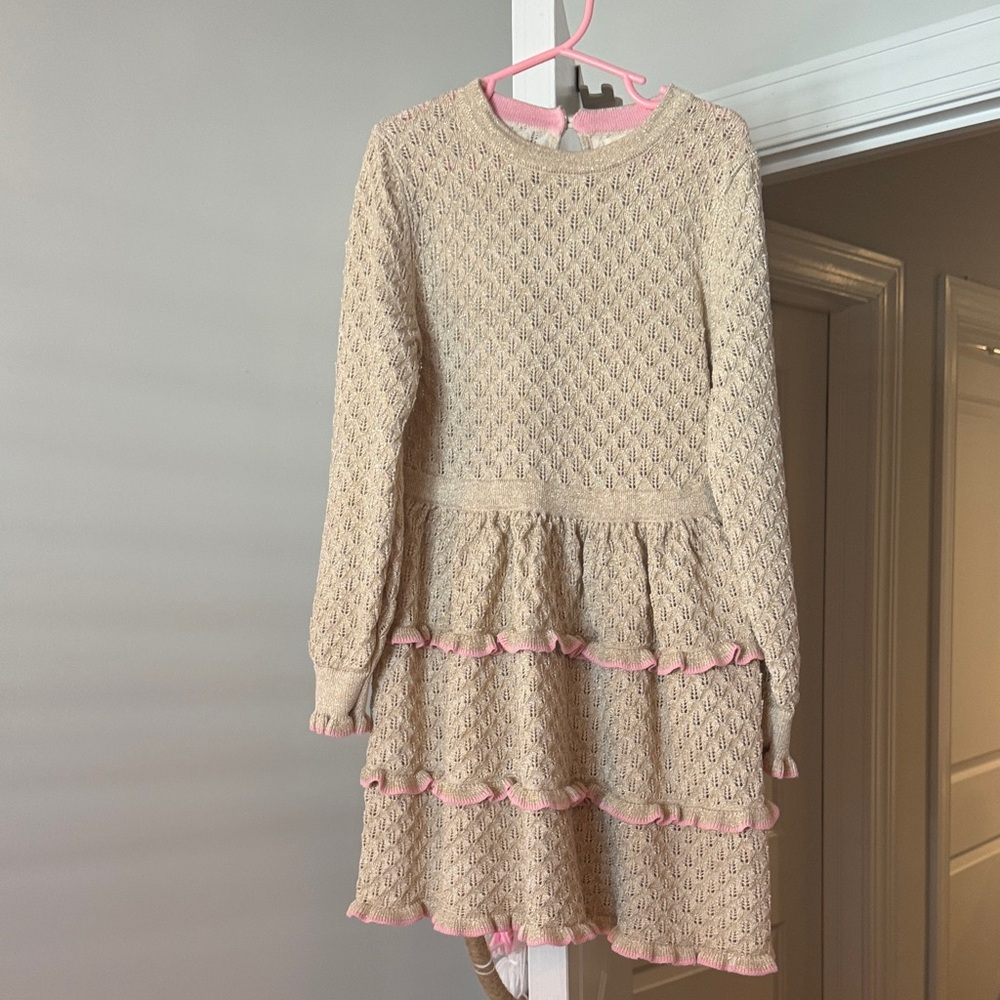NWOT Mini Boden Beige Gold Metallic Knit w/ Pink Trim Sparkle Dress Sx 7-8